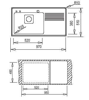 мивка за вграждане - лява/дясна - Frame 1C 1E Plus - схема на вграждане