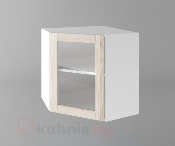 Горен кухненски шкаф за вътрешен ъгъл с една врата за стъкло б65в Калатея - Крем