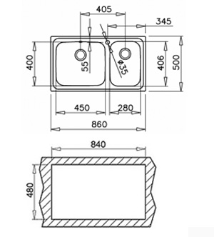 мивка за вграждане - микролен - лява/дясна - Super Bowl 86 2C MAX - схема на вграждане